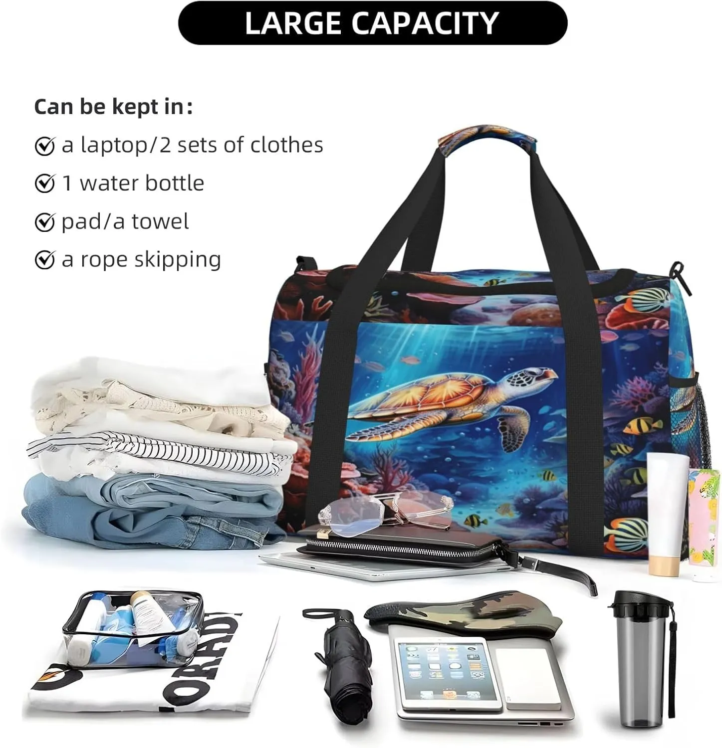 Travel Duffel Bag For Men Women, Marine Animals Sea Turtles Tarfish Carry On Sport Gym Bag With Shoulder Strap Lightweight Waterproof Weekender Bag Overnight Bag