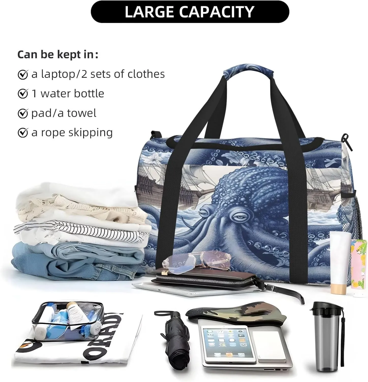 Travel Duffel Bag For Men Women, Ocean Octopus Retro Pirate Ship Carry On Sport Gym Bag With Shoulder Strap Lightweight Waterproof Weekender Bag Overnight Bag