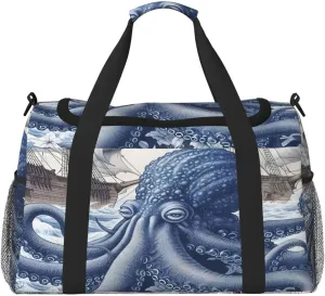 Travel Duffel Bag For Men Women, Ocean Octopus Retro Pirate Ship Carry On Sport Gym Bag With Shoulder Strap Lightweight Waterproof Weekender Bag Overnight Bag
