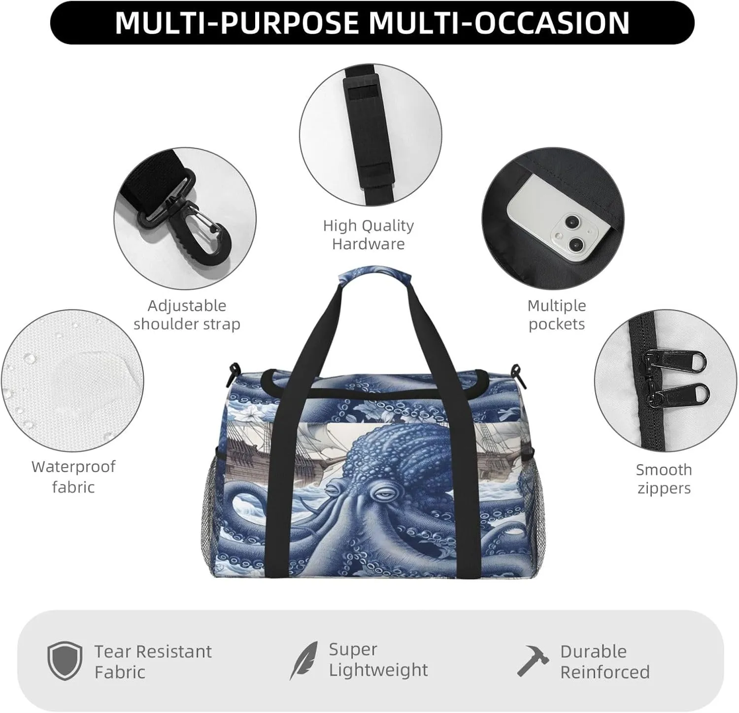 Travel Duffel Bag For Men Women, Ocean Octopus Retro Pirate Ship Carry On Sport Gym Bag With Shoulder Strap Lightweight Waterproof Weekender Bag Overnight Bag