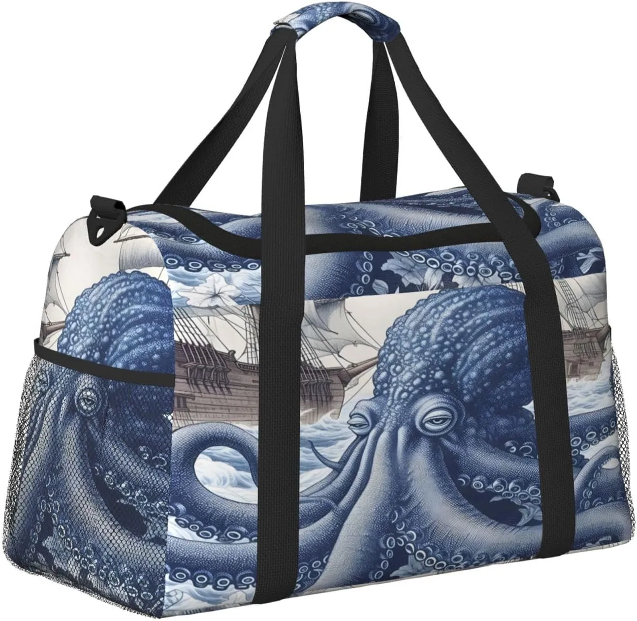 Travel Duffel Bag For Men Women, Ocean Octopus Retro Pirate Ship Carry On Sport Gym Bag With Shoulder Strap Lightweight Waterproof Weekender Bag Overnight Bag
