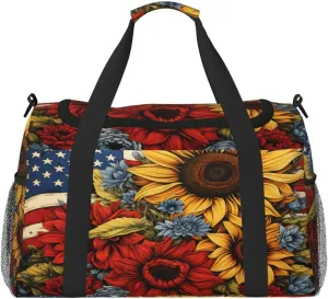 Travel Duffel Bag For Men Women, Sunflower Floral Usa Flg Carry On Sport Gym Bag With Shoulder Strap Lightweight Waterproof Weekender Bag Overnight Bag
