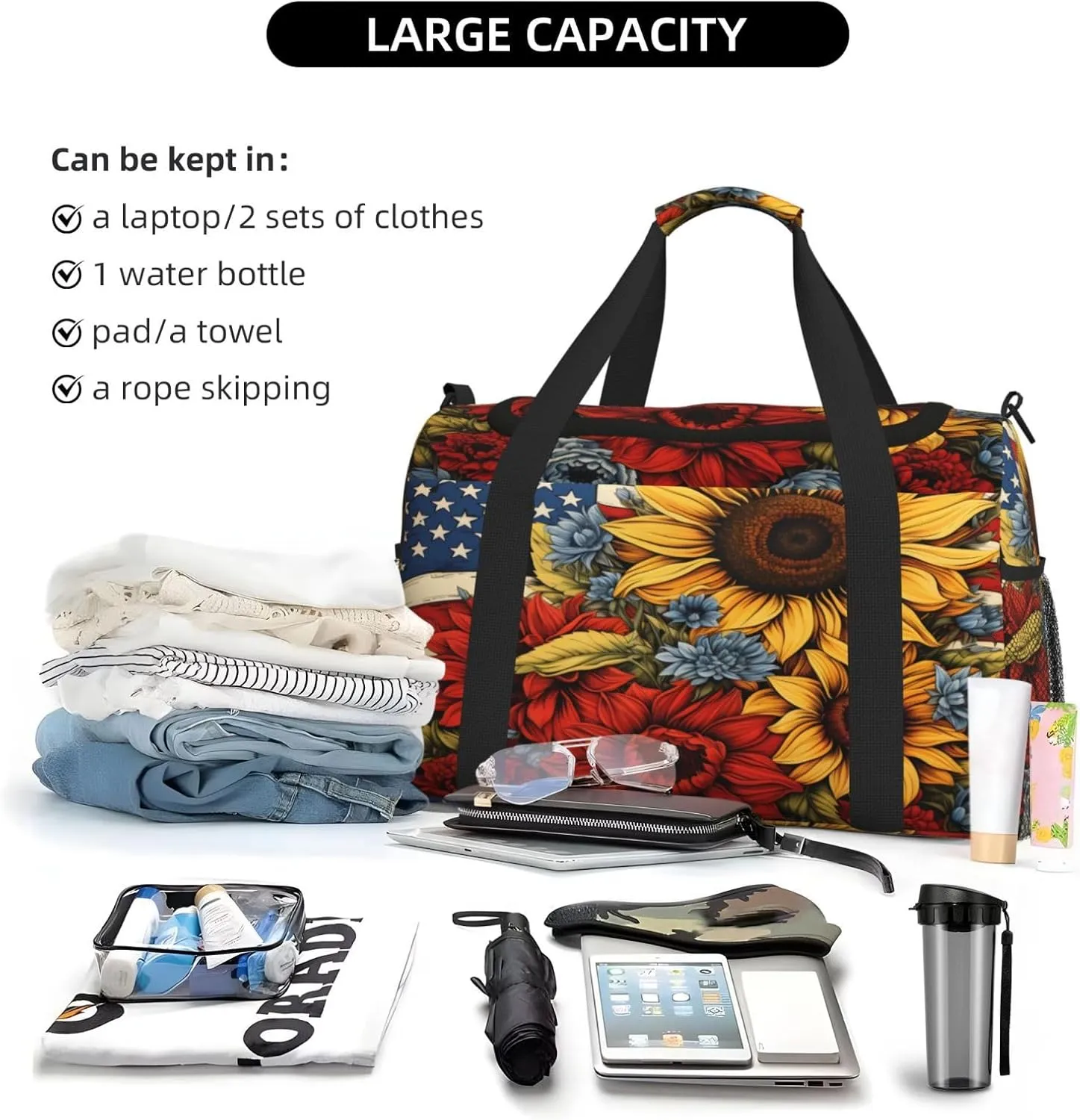 Travel Duffel Bag For Men Women, Sunflower Floral Usa Flg Carry On Sport Gym Bag With Shoulder Strap Lightweight Waterproof Weekender Bag Overnight Bag