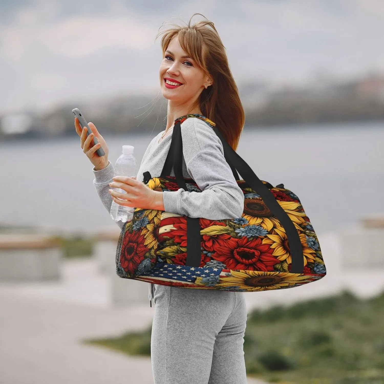 Travel Duffel Bag For Men Women, Sunflower Floral Usa Flg Carry On Sport Gym Bag With Shoulder Strap Lightweight Waterproof Weekender Bag Overnight Bag