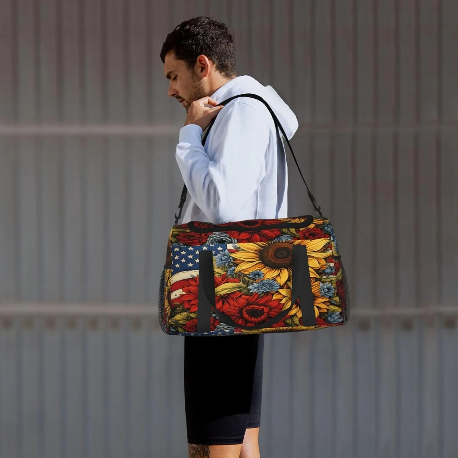 Travel Duffel Bag For Men Women, Sunflower Floral Usa Flg Carry On Sport Gym Bag With Shoulder Strap Lightweight Waterproof Weekender Bag Overnight Bag