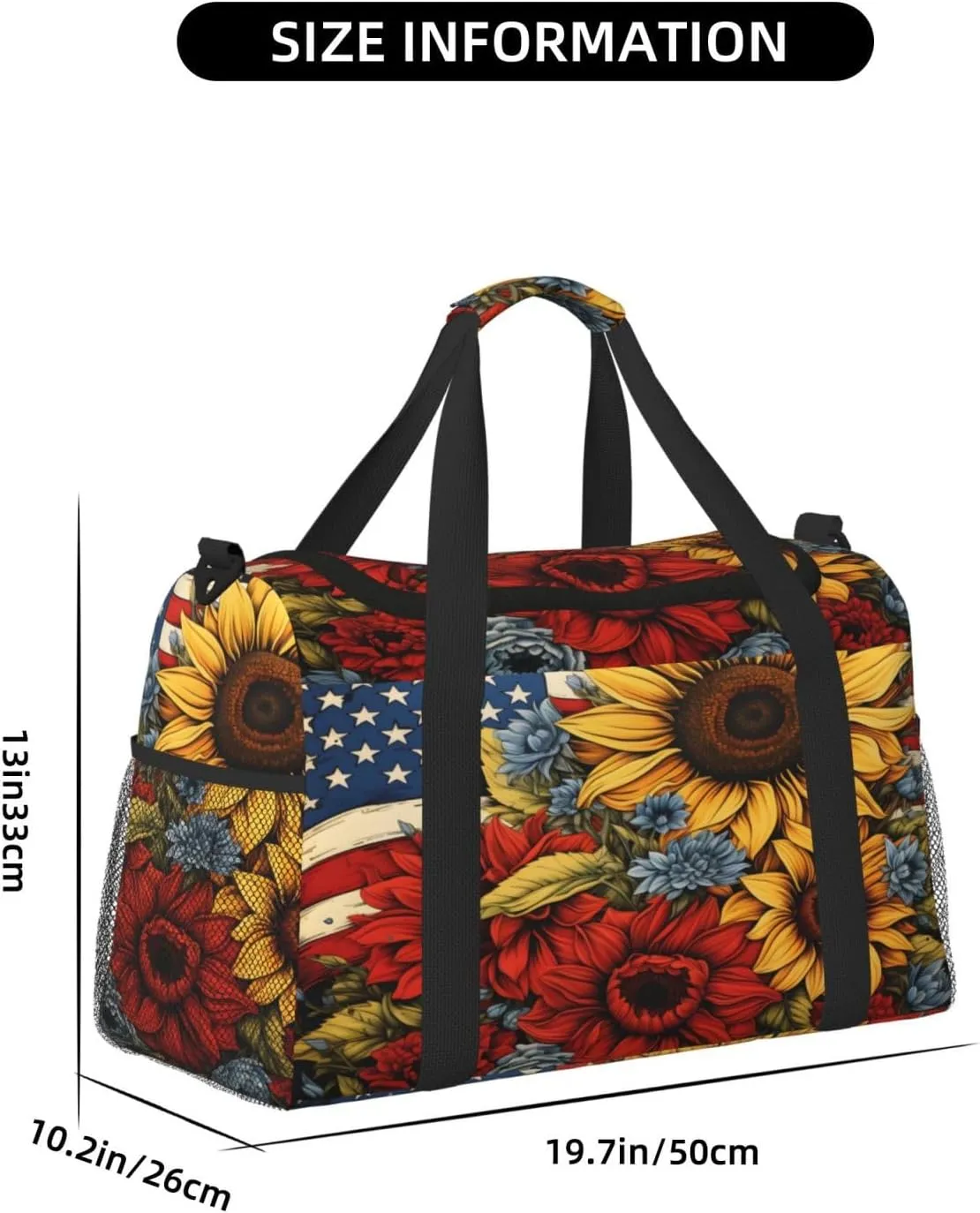 Travel Duffel Bag For Men Women, Sunflower Floral Usa Flg Carry On Sport Gym Bag With Shoulder Strap Lightweight Waterproof Weekender Bag Overnight Bag