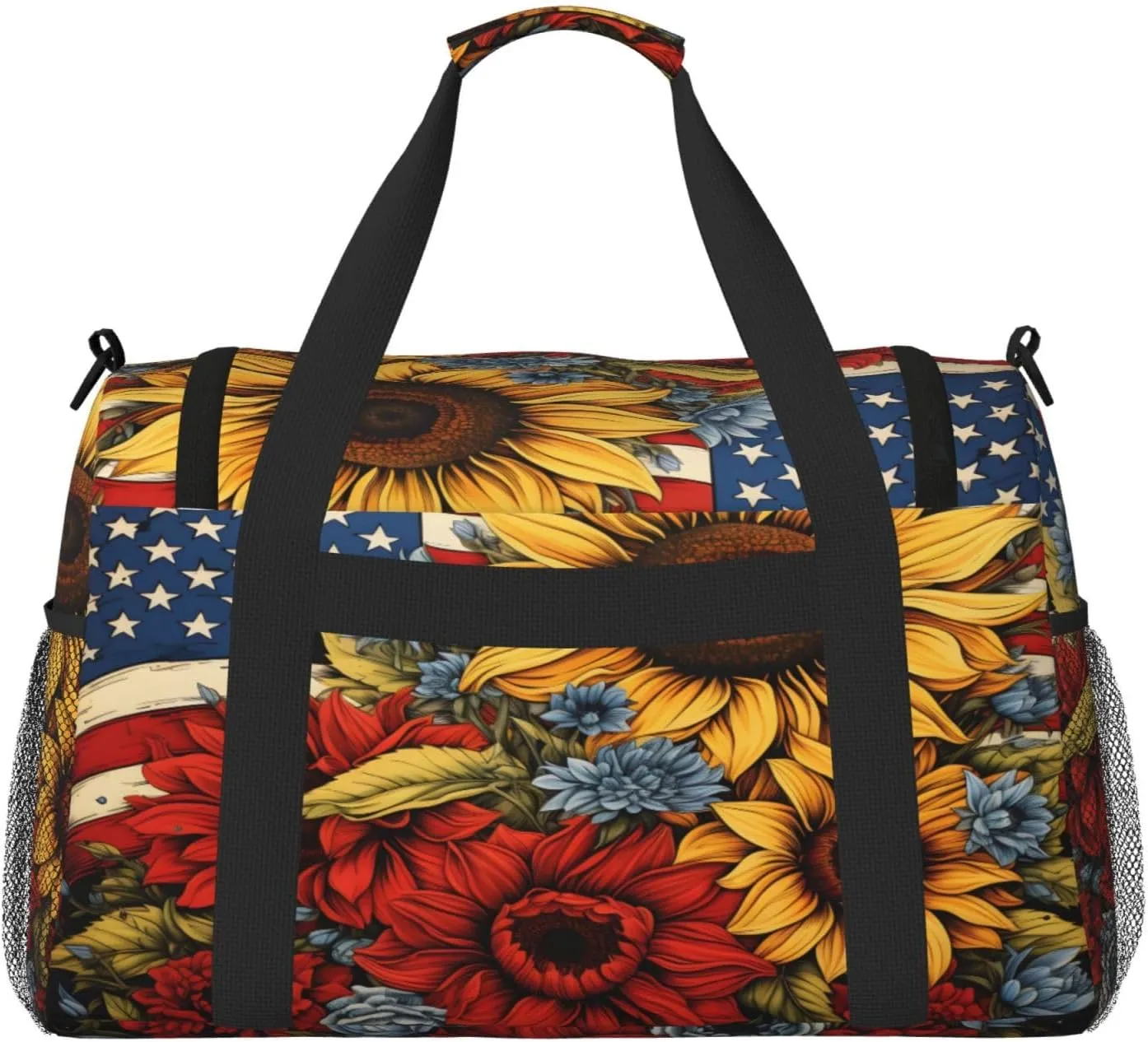Travel Duffel Bag For Men Women, Sunflower Floral Usa Flg Carry On Sport Gym Bag With Shoulder Strap Lightweight Waterproof Weekender Bag Overnight Bag