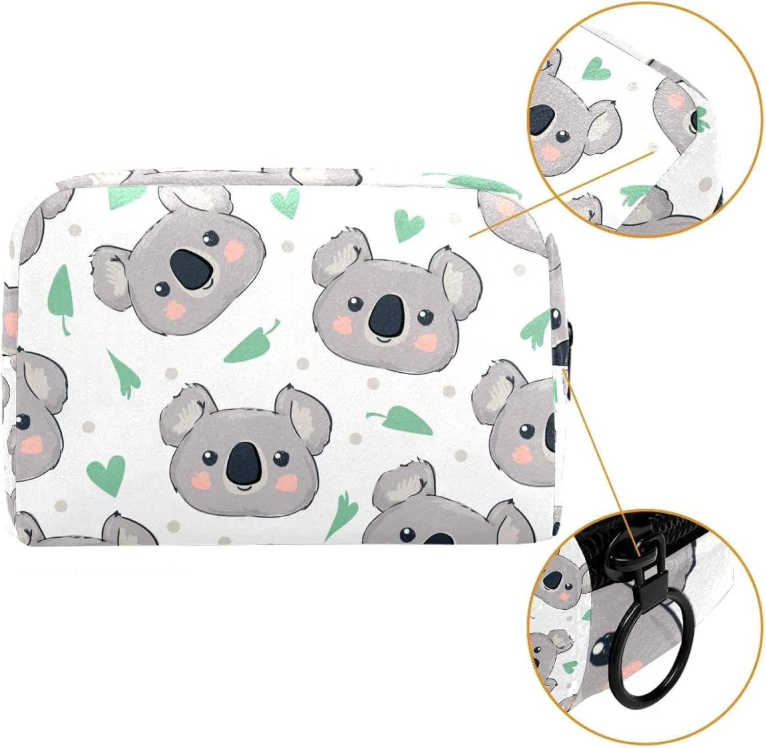 Travel Makeup Bag for Women, Cute Koala Face Green Hears Travel Cosmetic Bag Pencil Case Portable Makeup Pouch Toiletry Bag for Girls