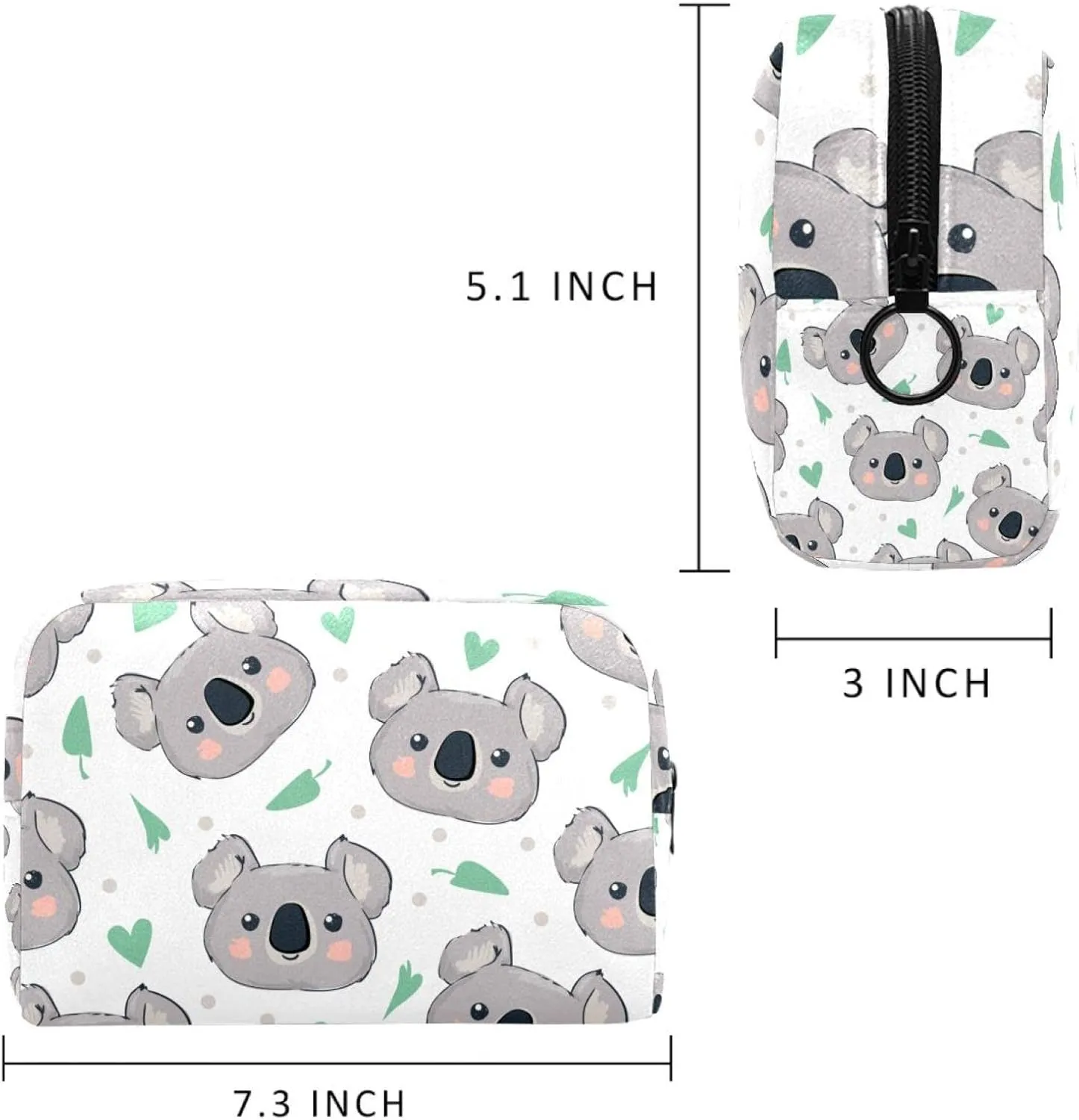 Travel Makeup Bag for Women, Cute Koala Face Green Hears Travel Cosmetic Bag Pencil Case Portable Makeup Pouch Toiletry Bag for Girls