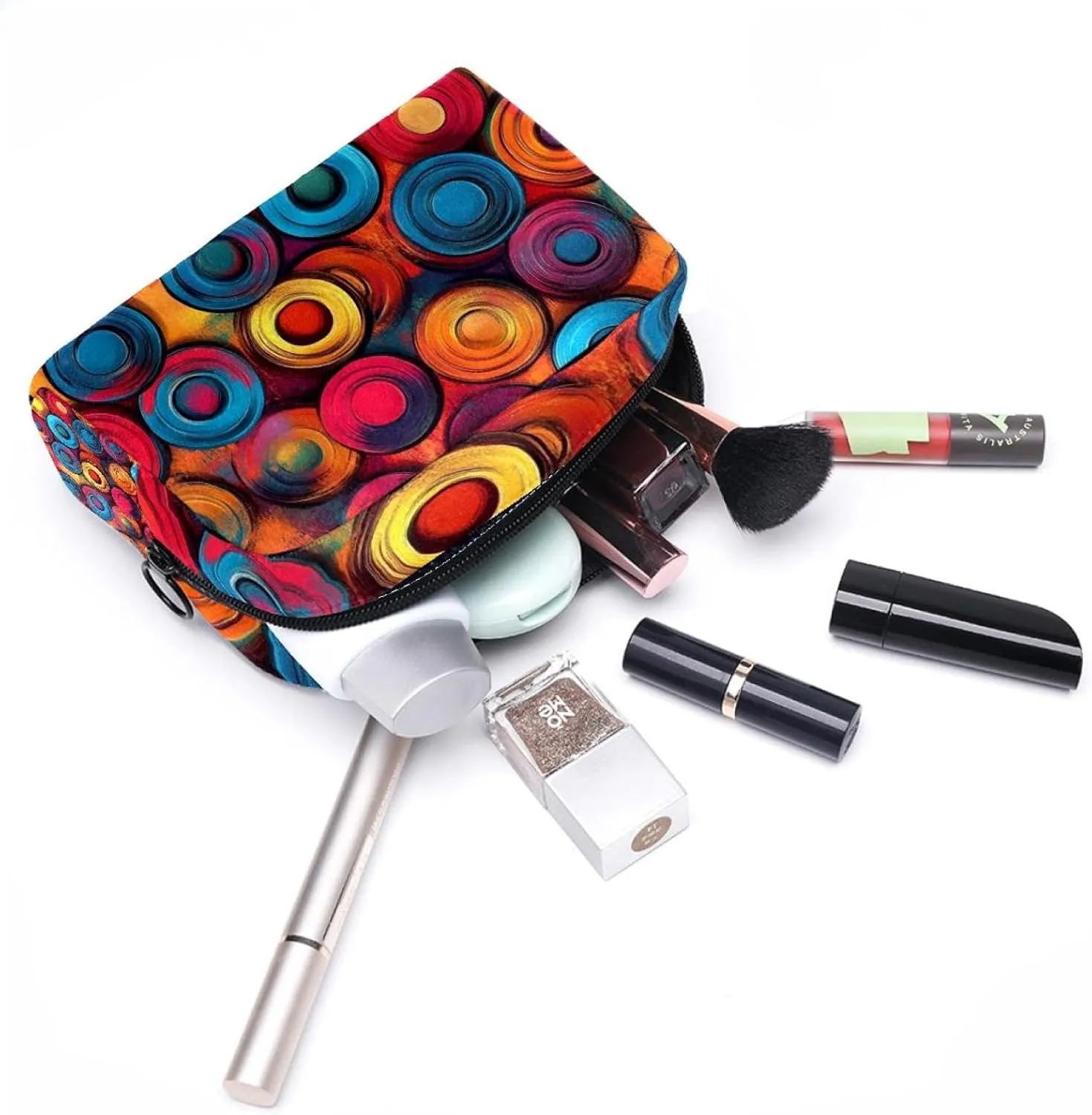 Travel Makeup Bag for Women, Watercolor Abstract Discs Travel Cosmetic Bag Pencil Case Portable Makeup Pouch Toiletry Bag for Girls