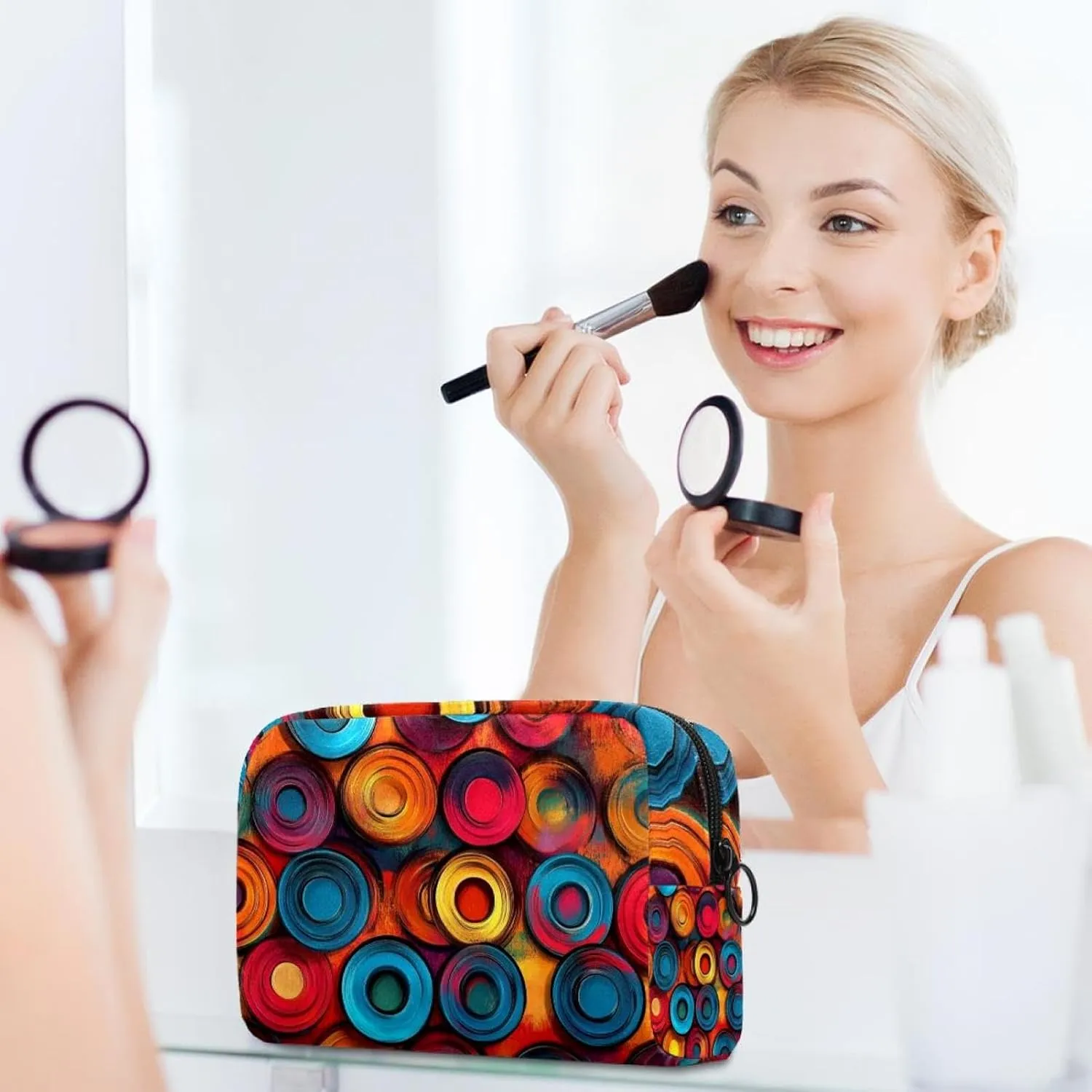 Travel Makeup Bag for Women, Watercolor Abstract Discs Travel Cosmetic Bag Pencil Case Portable Makeup Pouch Toiletry Bag for Girls