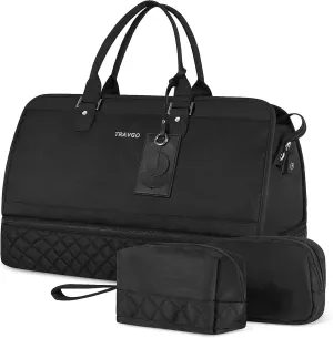 Travgo Weekender Bags for Women Travel, 60L Travel Duffle Bag with Shoe Compartment & Wet Pocket,Carry on Tote Bags with USB Charging Port for Airplanes, Hospital, Sports, Gift（Deep Black)