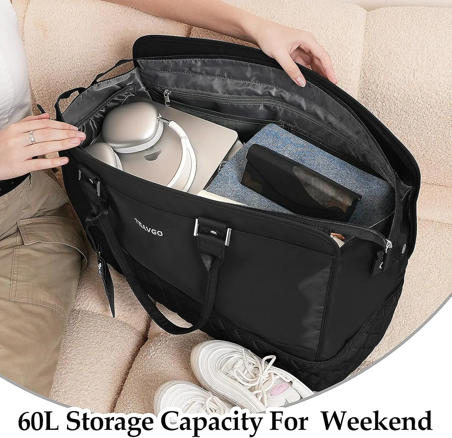 Travgo Weekender Bags for Women Travel, 60L Travel Duffle Bag with Shoe Compartment & Wet Pocket,Carry on Tote Bags with USB Charging Port for Airplanes, Hospital, Sports, Gift（Deep Black)