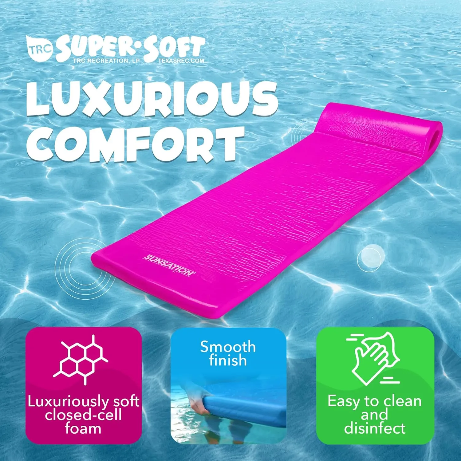 TRC Recreation Sunsation Vinyl Coated Foam Swimming Pool Float Mat Adult Lounger with Built-in Roll Pillow