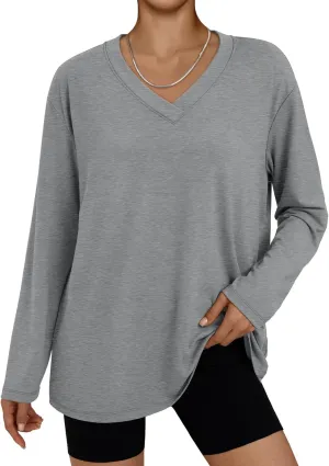 Trendy Queen Oversized Tshirts for Women Workout Plus Size Gym Tops V Neck Long Sleeve T Shirts Spring Casual Basic Tees