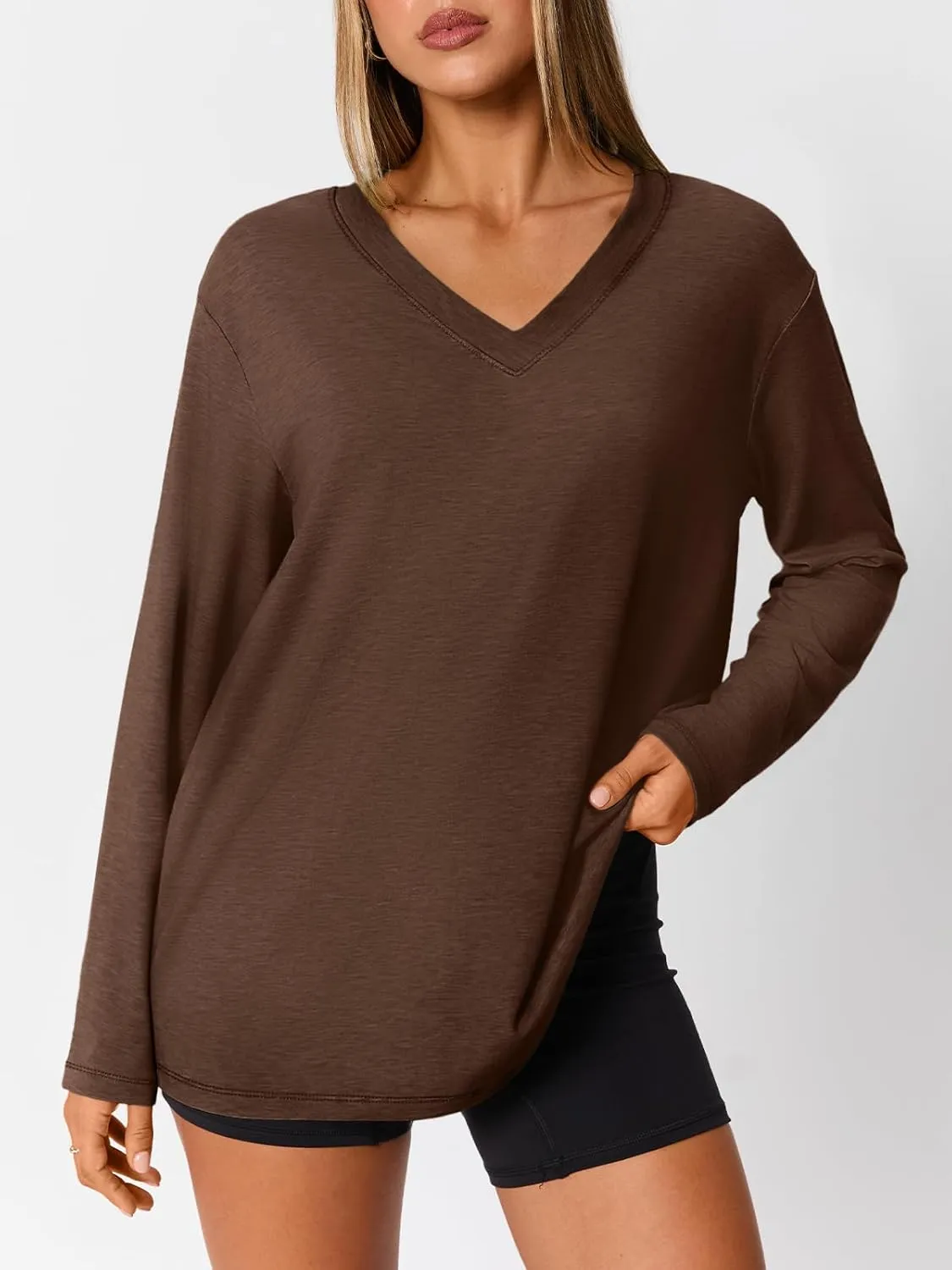 Trendy Queen Oversized Tshirts for Women Workout Plus Size Gym Tops V Neck Long Sleeve T Shirts Spring Casual Basic Tees