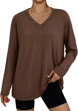 Trendy Queen Oversized Tshirts for Women Workout Plus Size Gym Tops V Neck Long Sleeve T Shirts Spring Casual Basic Tees