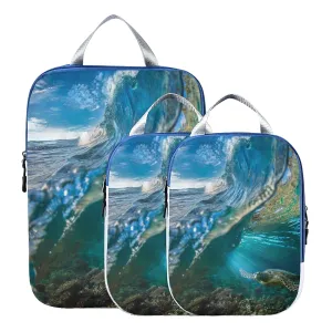 Tropical Big Ocean Wave Inside Sea Animal Turtle Floating Underwater 3 Piece set Cubes Expandable Adjustable Luggage Packing Bags, Ultralight Organizer Accessories Travel Suitcase Compressible Bags