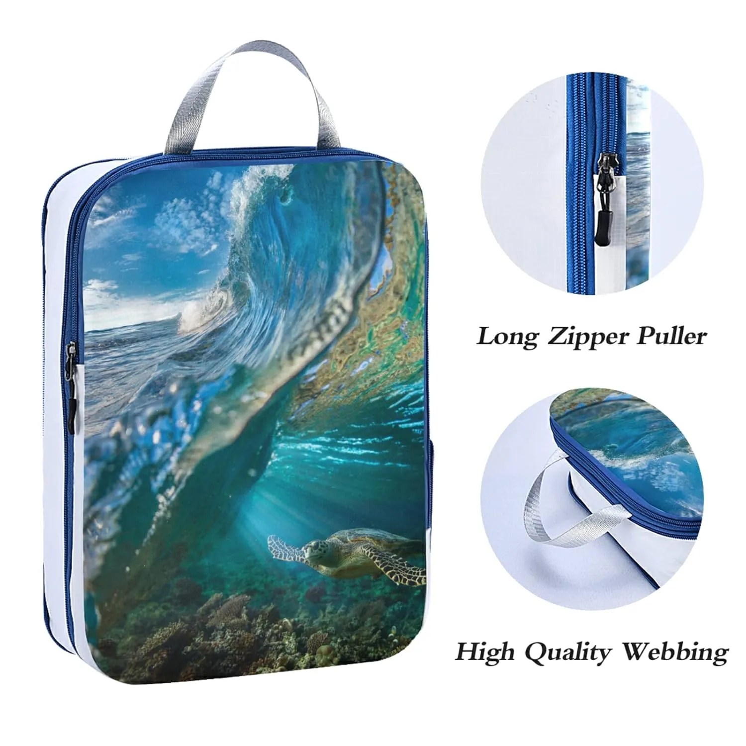 Tropical Big Ocean Wave Inside Sea Animal Turtle Floating Underwater 3 Piece set Cubes Expandable Adjustable Luggage Packing Bags, Ultralight Organizer Accessories Travel Suitcase Compressible Bags