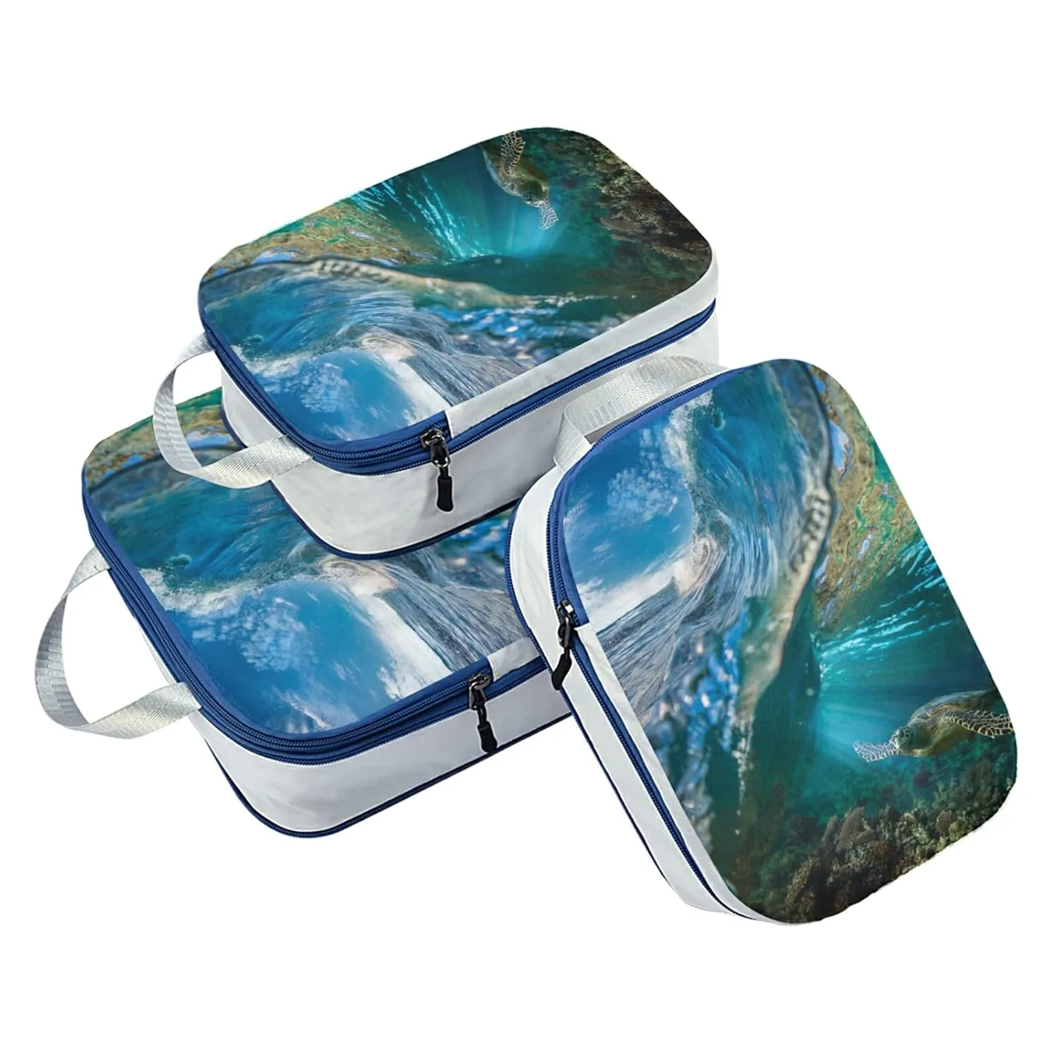 Tropical Big Ocean Wave Inside Sea Animal Turtle Floating Underwater 3 Piece set Cubes Expandable Adjustable Luggage Packing Bags, Ultralight Organizer Accessories Travel Suitcase Compressible Bags