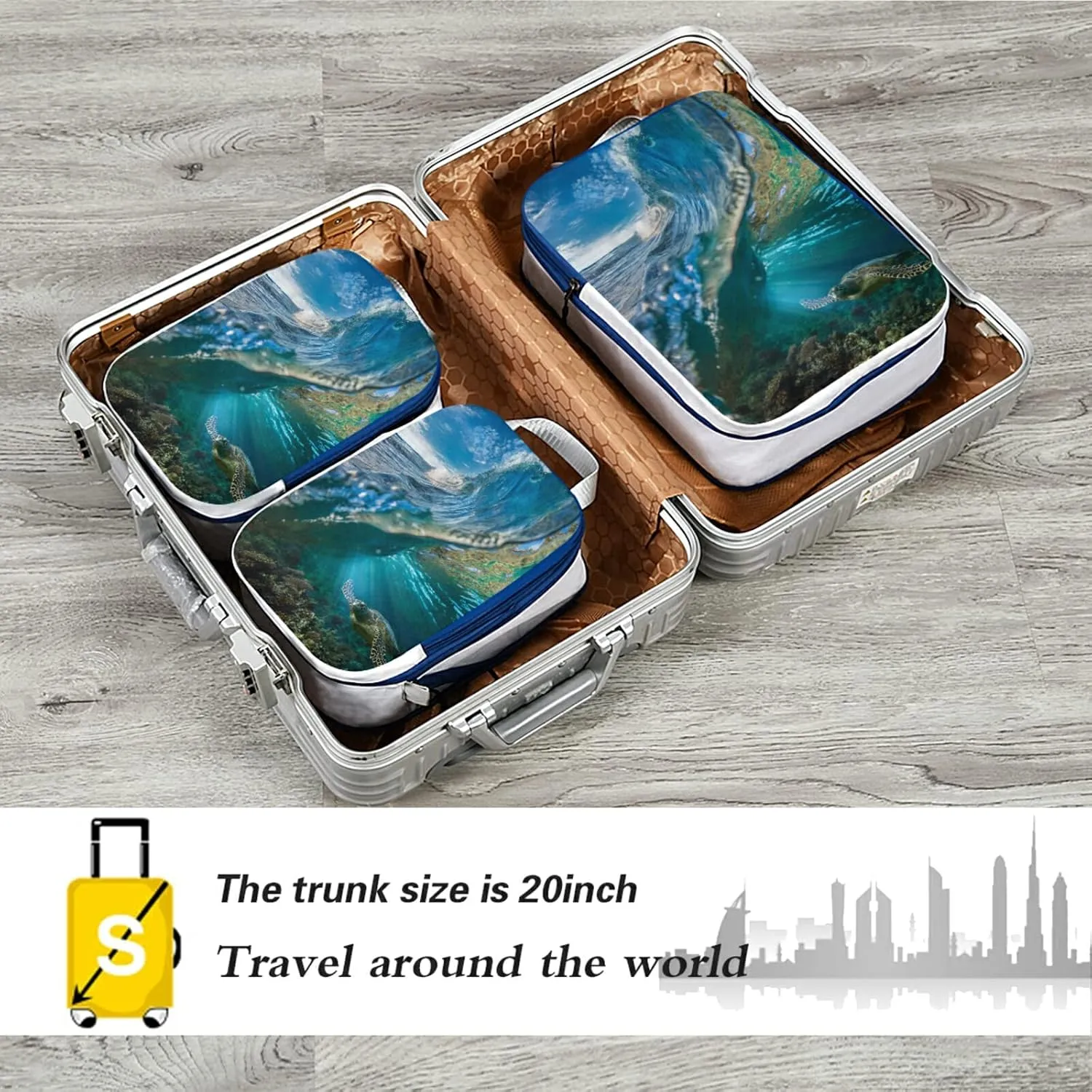 Tropical Big Ocean Wave Inside Sea Animal Turtle Floating Underwater 3 Piece set Cubes Expandable Adjustable Luggage Packing Bags, Ultralight Organizer Accessories Travel Suitcase Compressible Bags