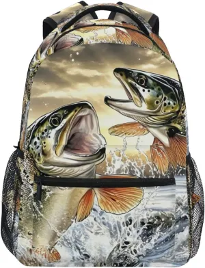 Trout Jump Sunset Backpack Daypack Shoulder Bag Book Bag Lightweight Back Pack 11.4 ×16 In