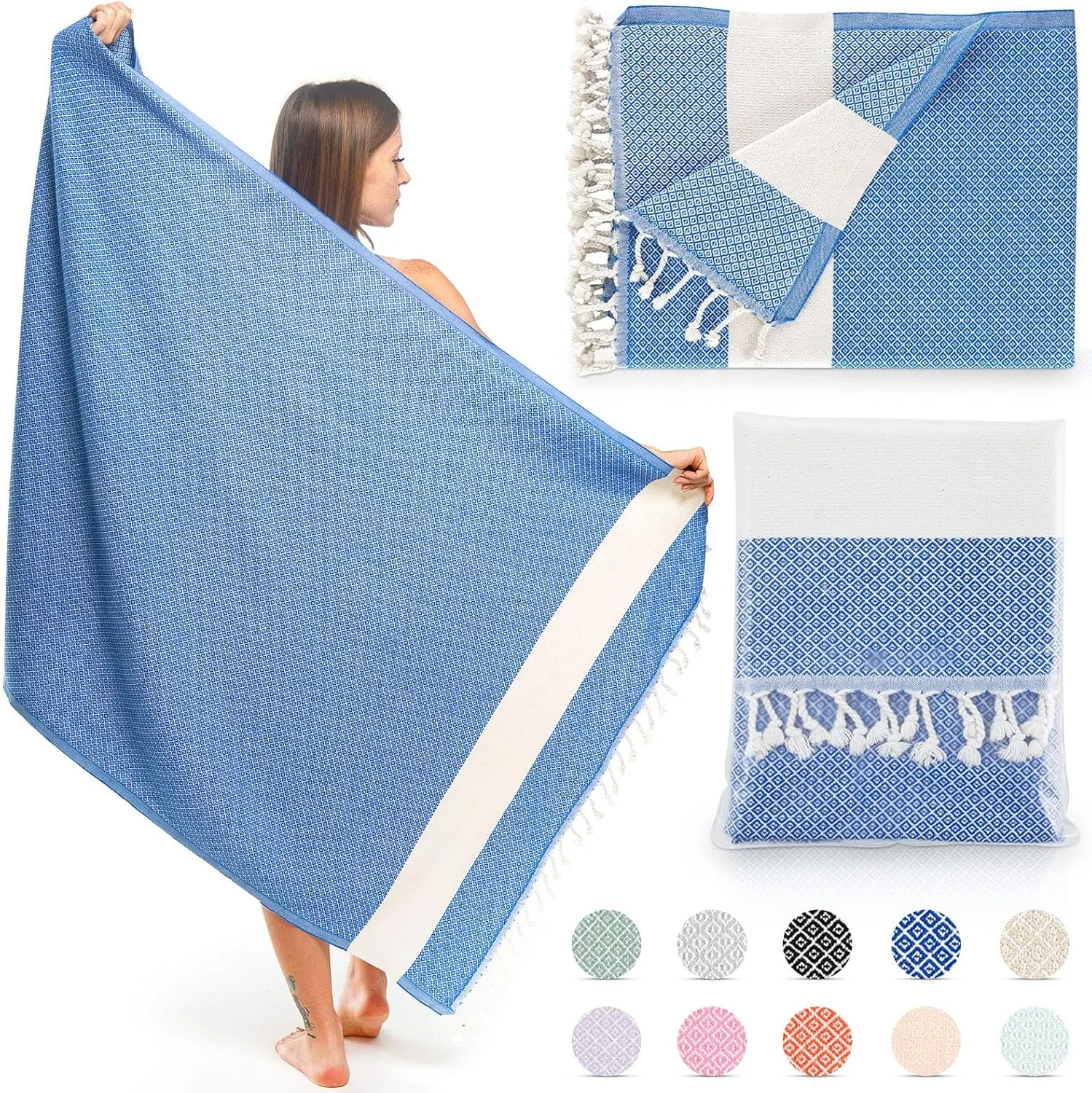 Turkish Beach Towel 100% Cotton Peshtemal Travel Camping Bath Sauna Beach Gym Pool Blanket Gift Quick Dry Sand Free Beach Towel - Blue