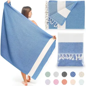Turkish Beach Towel 100% Cotton Peshtemal Travel Camping Bath Sauna Beach Gym Pool Blanket Gift Quick Dry Sand Free Beach Towel - Blue