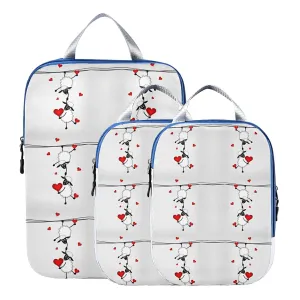 Two sheep Little Lambs Hanging on Washing Line with Red Hearts 3 Piece set Cubes Expandable Adjustable Luggage Packing Bags, Ultralight Organizer Accessories Travel Suitcase Compressible Bags