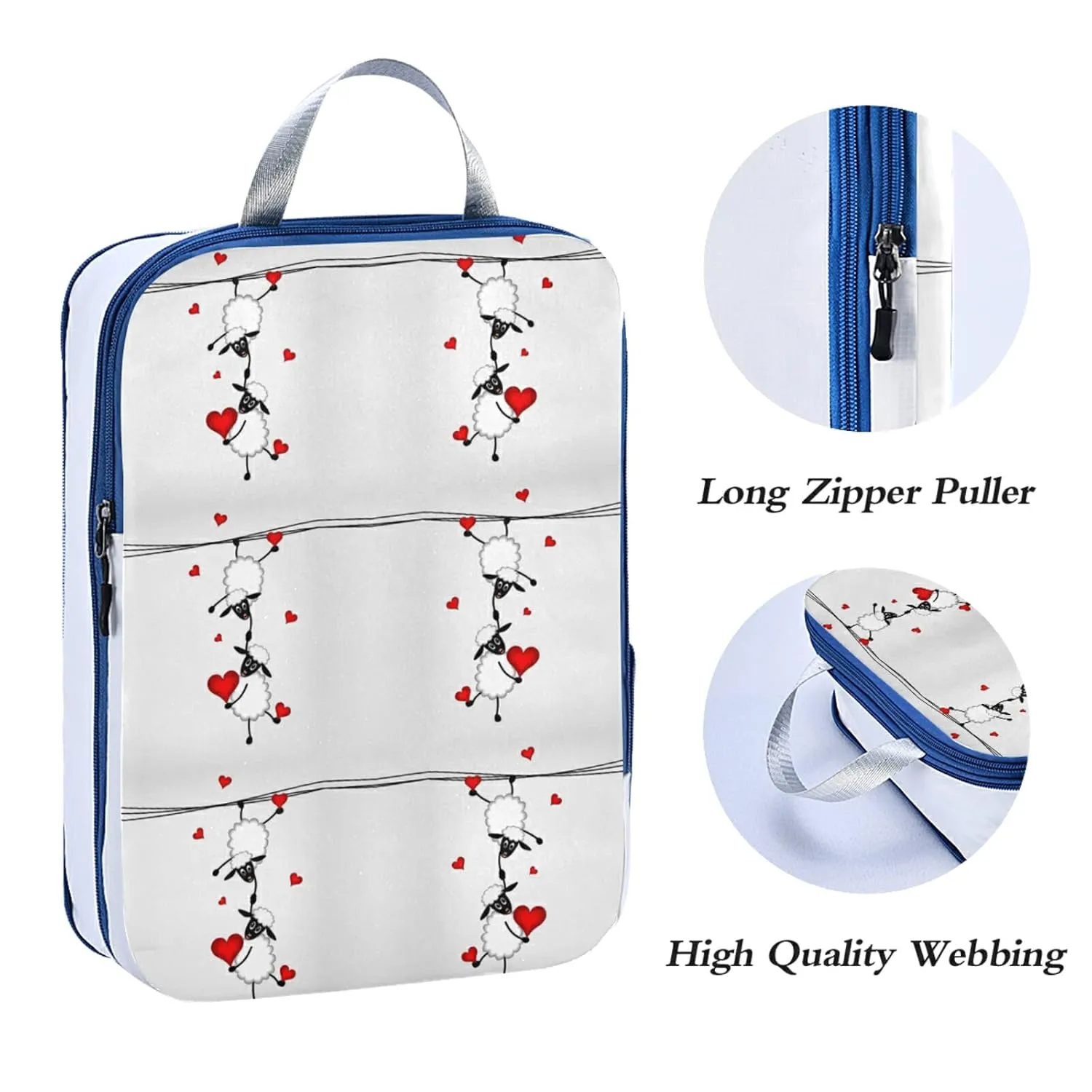 Two sheep Little Lambs Hanging on Washing Line with Red Hearts 3 Piece set Cubes Expandable Adjustable Luggage Packing Bags, Ultralight Organizer Accessories Travel Suitcase Compressible Bags