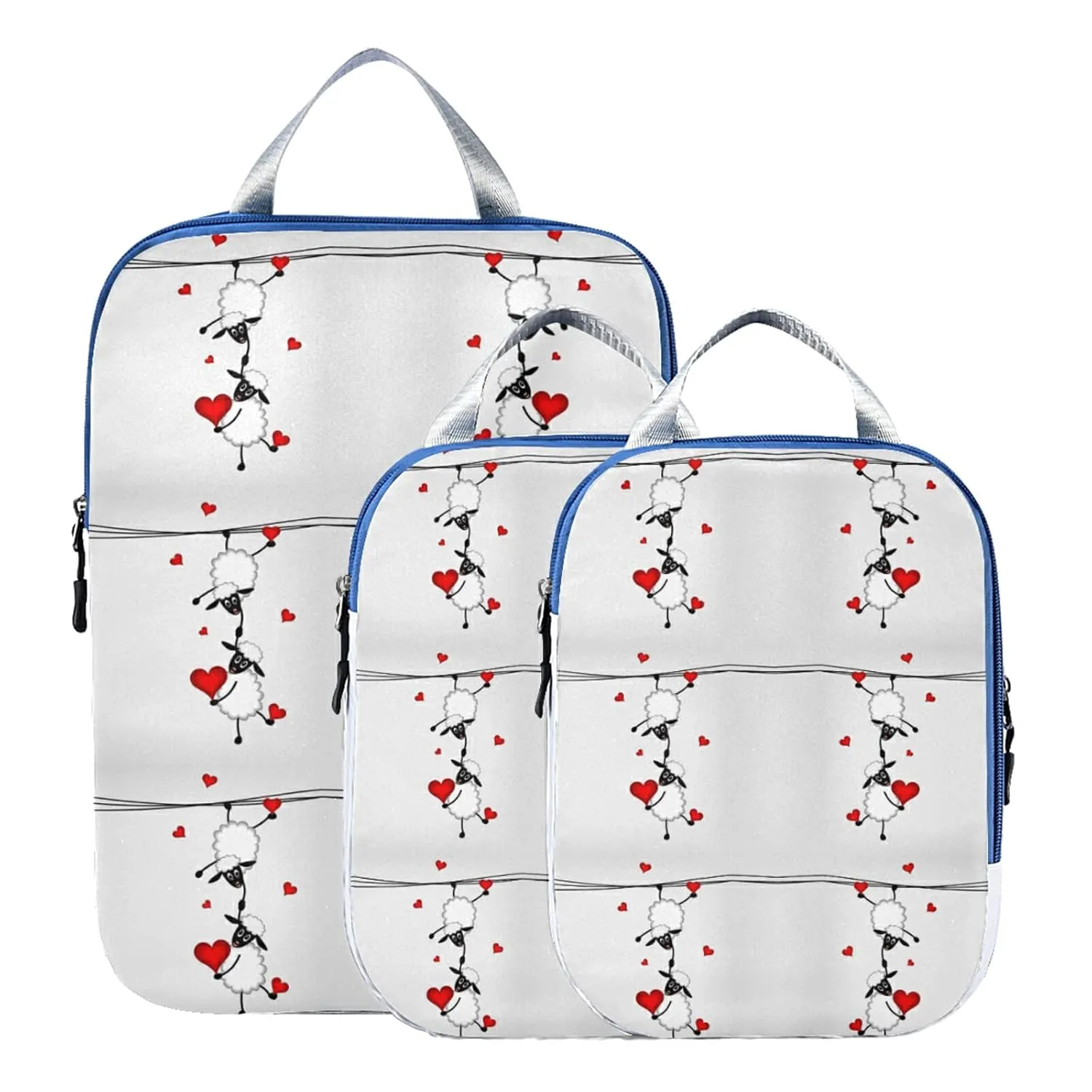 Two sheep Little Lambs Hanging on Washing Line with Red Hearts 3 Piece set Cubes Expandable Adjustable Luggage Packing Bags, Ultralight Organizer Accessories Travel Suitcase Compressible Bags