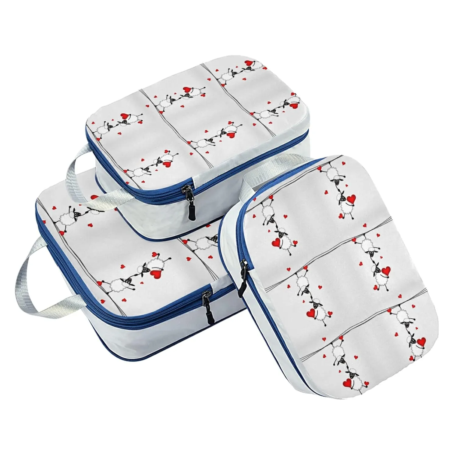 Two sheep Little Lambs Hanging on Washing Line with Red Hearts 3 Piece set Cubes Expandable Adjustable Luggage Packing Bags, Ultralight Organizer Accessories Travel Suitcase Compressible Bags