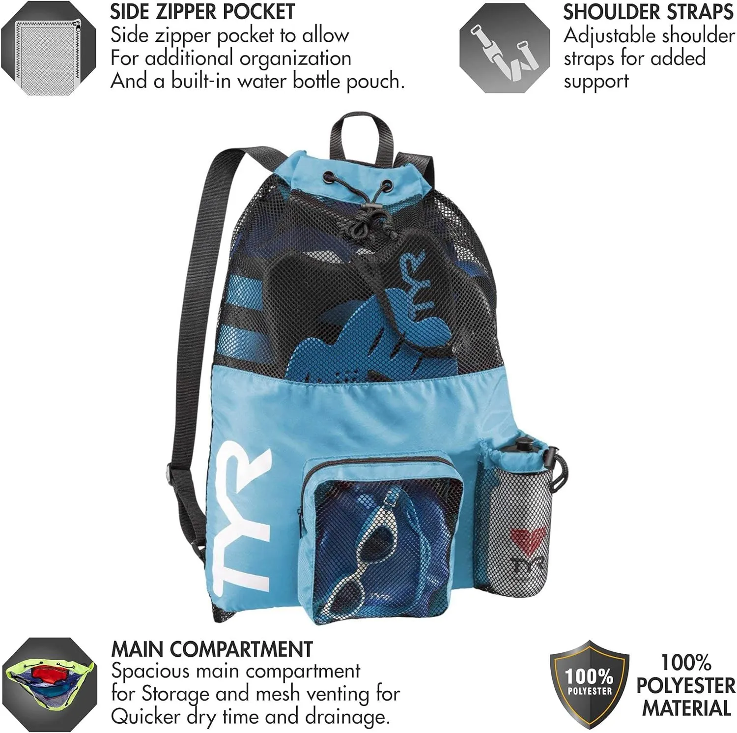 TYR Big Mesh Mummy Backpack for Swim, Gym and Workout Gear, Black, 40-Liter Capacity