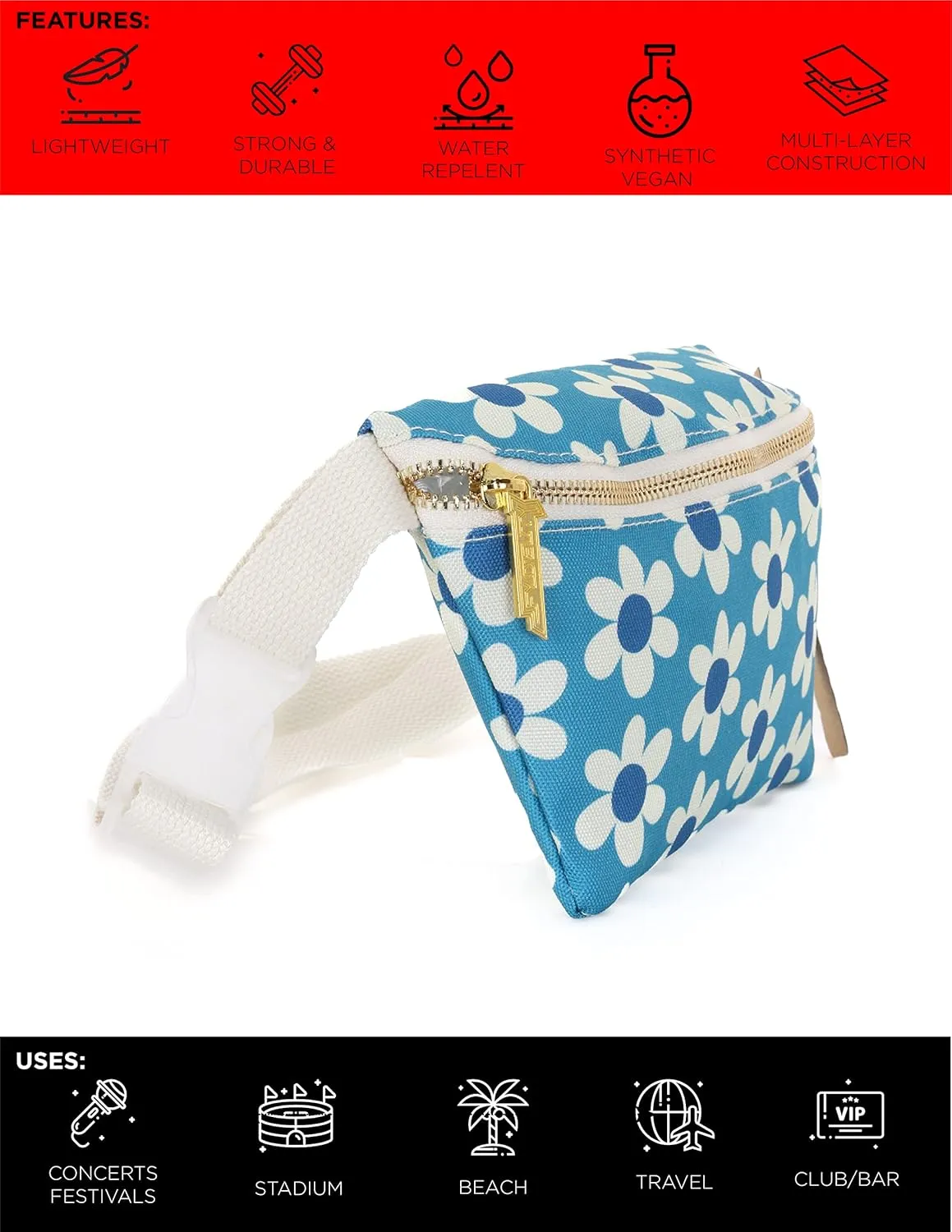 Ultra Slim Fanny Packs for Women – 80s/90s Recycled RPET Bum Bag – Unisex Crossbody Waist Belt Bag for Travel, Festivals, Sports & Daily Use – Waist Belt Bag for Women | Daisy Blue