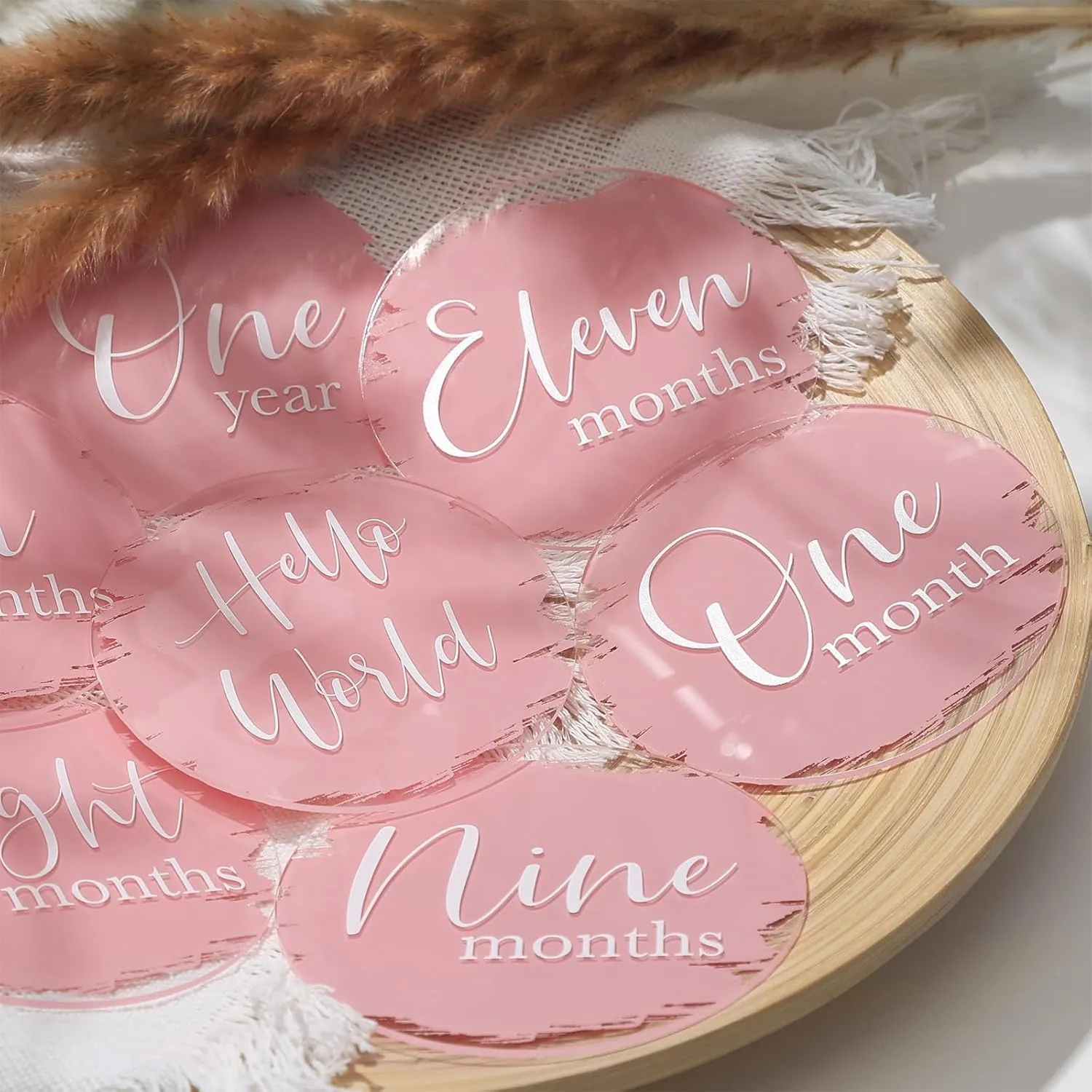 UNIQOOO 13Pcs Pink Baby Monthly Milestone Marker Discs Handmade-Style Printed|Acrylic Milestone Cards for Baby Announcement | Gender-Neutral Gift for Newborn Boy and Girl, Baby First Year Photo Props