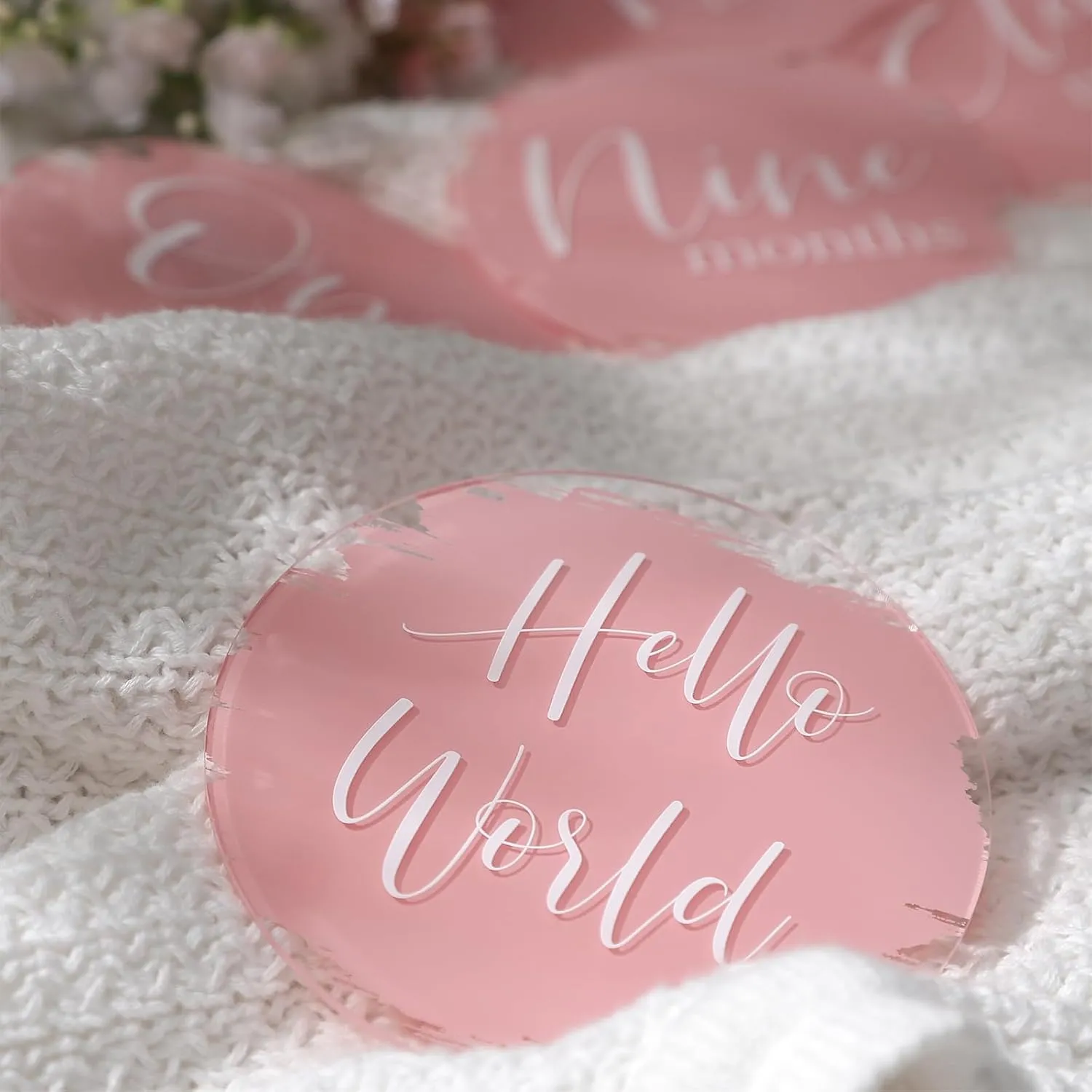 UNIQOOO 13Pcs Pink Baby Monthly Milestone Marker Discs Handmade-Style Printed|Acrylic Milestone Cards for Baby Announcement | Gender-Neutral Gift for Newborn Boy and Girl, Baby First Year Photo Props