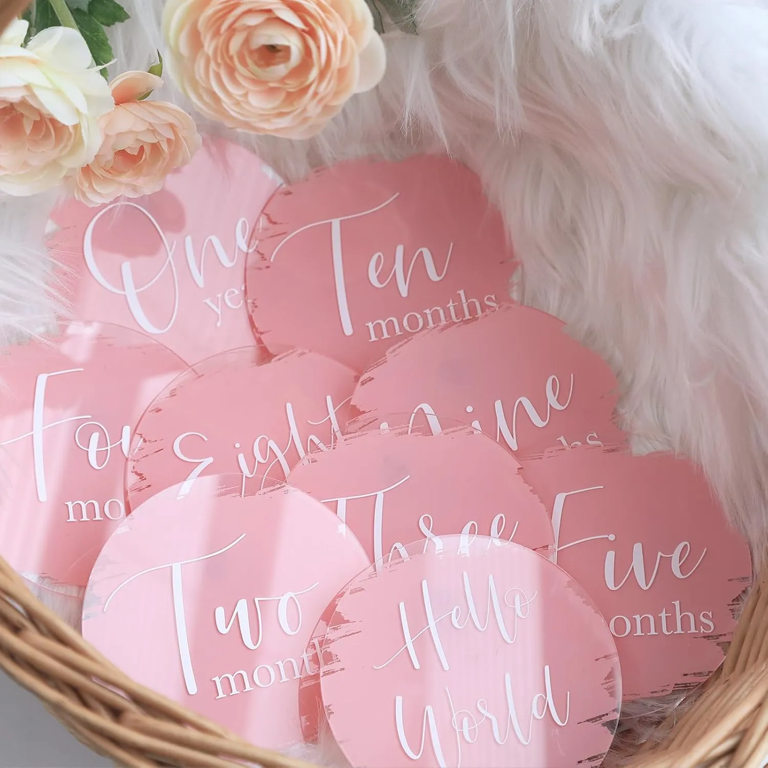 UNIQOOO 13Pcs Pink Baby Monthly Milestone Marker Discs Handmade-Style Printed|Acrylic Milestone Cards for Baby Announcement | Gender-Neutral Gift for Newborn Boy and Girl, Baby First Year Photo Props