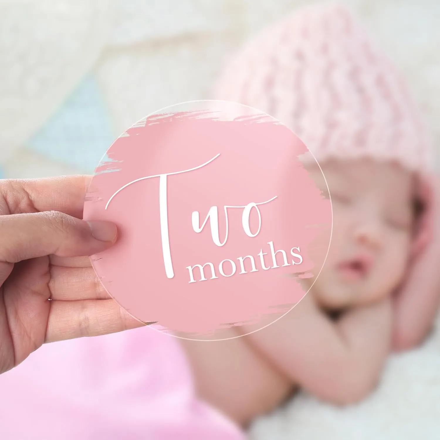 UNIQOOO 13Pcs Pink Baby Monthly Milestone Marker Discs Handmade-Style Printed|Acrylic Milestone Cards for Baby Announcement | Gender-Neutral Gift for Newborn Boy and Girl, Baby First Year Photo Props