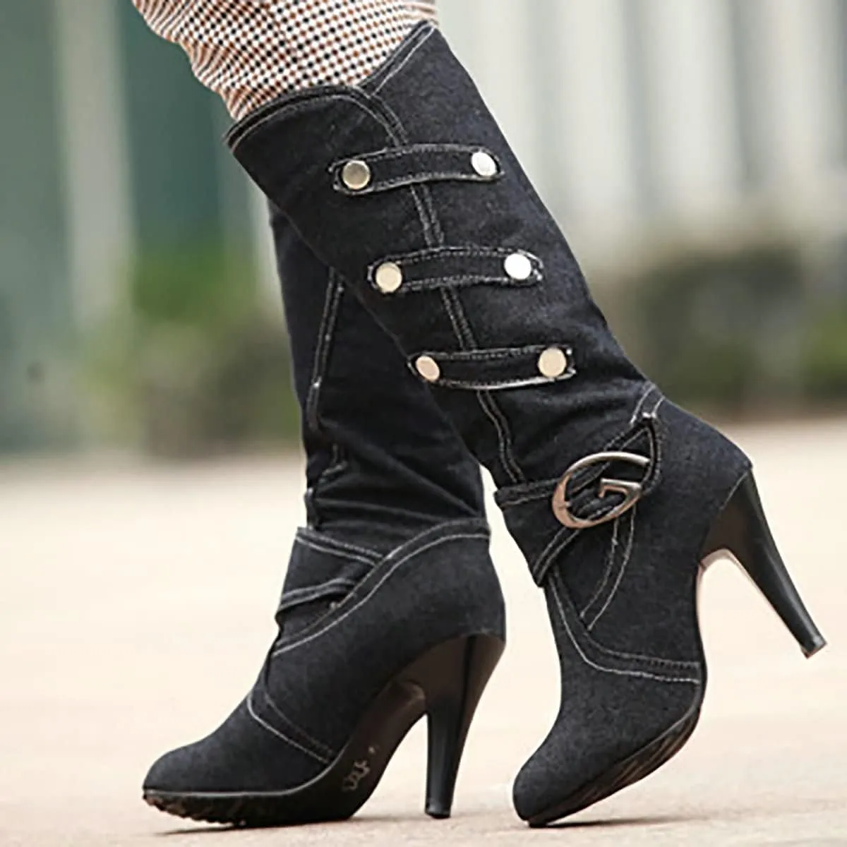 Uniquelly Womens Denim Knee High Boots Stiletto High Heel Mid Calf Slip On Round Toe Classic Retro Winter Shoes