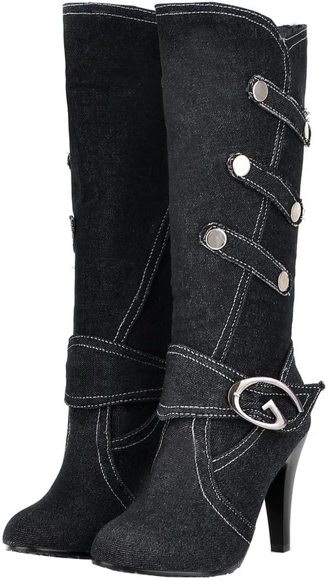 Uniquelly Womens Denim Knee High Boots Stiletto High Heel Mid Calf Slip On Round Toe Classic Retro Winter Shoes