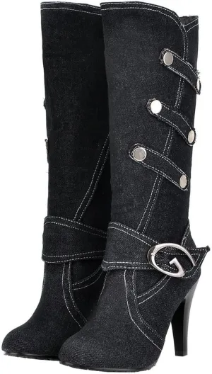 Uniquelly Womens Denim Knee High Boots Stiletto High Heel Mid Calf Slip On Round Toe Classic Retro Winter Shoes