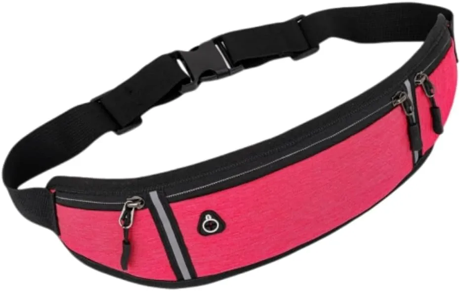Universal Running belt with Extender, Runner Waist Pack with 3 Pockets, Hiking Travel Camp Running Workout Belt Bag, Reflective No Bounce Black Fanny Pack for Women Men (Rose red)