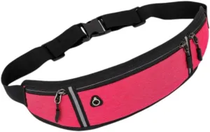 Universal Running belt with Extender, Runner Waist Pack with 3 Pockets, Hiking Travel Camp Running Workout Belt Bag, Reflective No Bounce Black Fanny Pack for Women Men (Rose red)