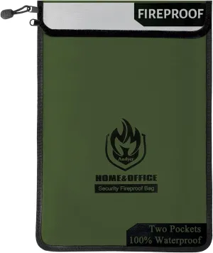 Upgraded Two Pockets Fireproof Document Bag (2000 15”x 11”Waterproof Fireproof Money Bag with Zipper, Fire Safe Waterproof Holder Pouch for Valuables, Legal Documents (Green)