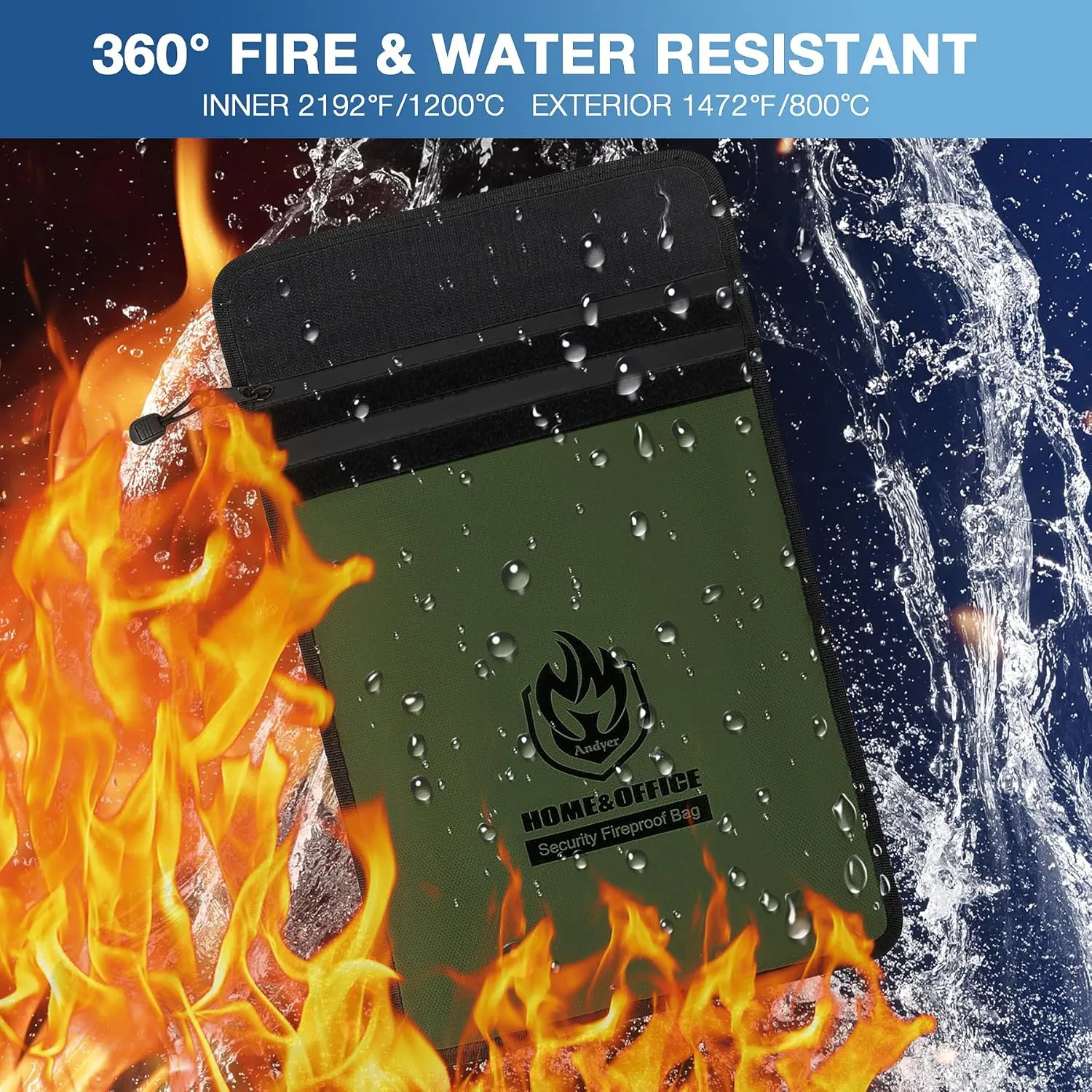 Upgraded Two Pockets Fireproof Document Bag (2000 15”x 11”Waterproof Fireproof Money Bag with Zipper, Fire Safe Waterproof Holder Pouch for Valuables, Legal Documents (Green)