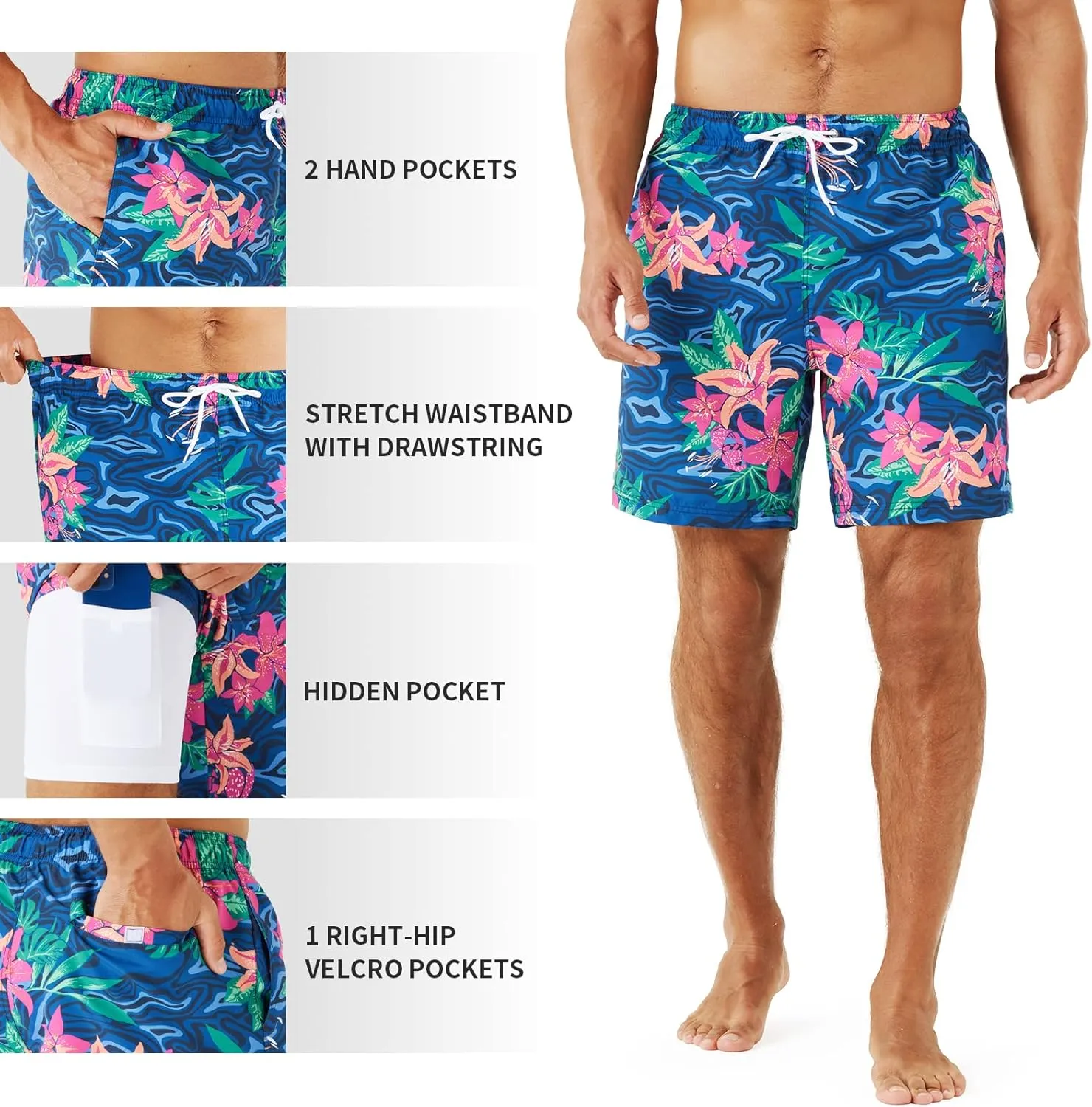 URBEST Men's Swim Trunks with Compression Liner Quick Dry Beach Shorts with Pockets for Beach and Swimming