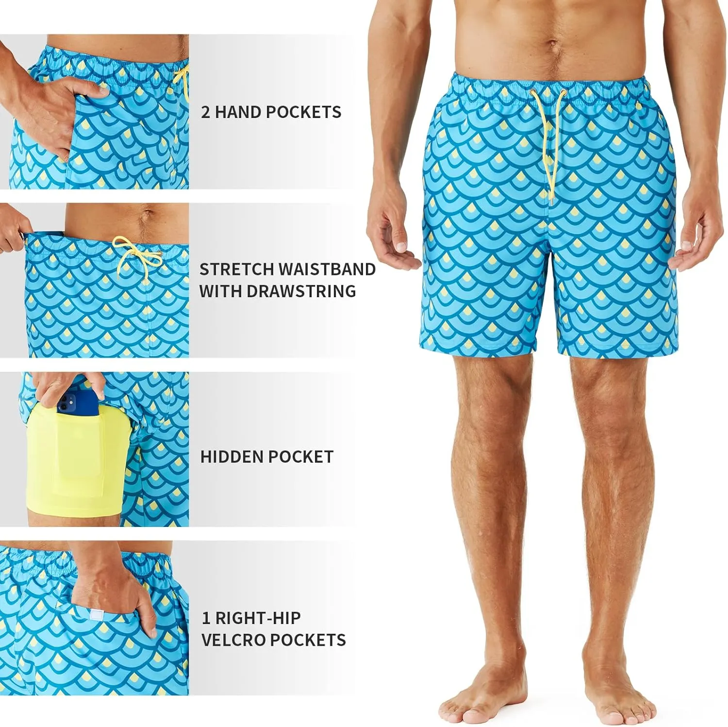 URBEST Men's Swim Trunks with Compression Liner Quick Dry Beach Shorts with Pockets for Beach and Swimming