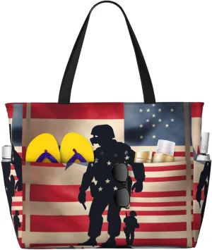 Us Military Soldiers Patriotic Memorial Day Print Stylish Beach Tote Bag,Large Capacity Handbag,Perfect For Women'S Vacation And Daily Use