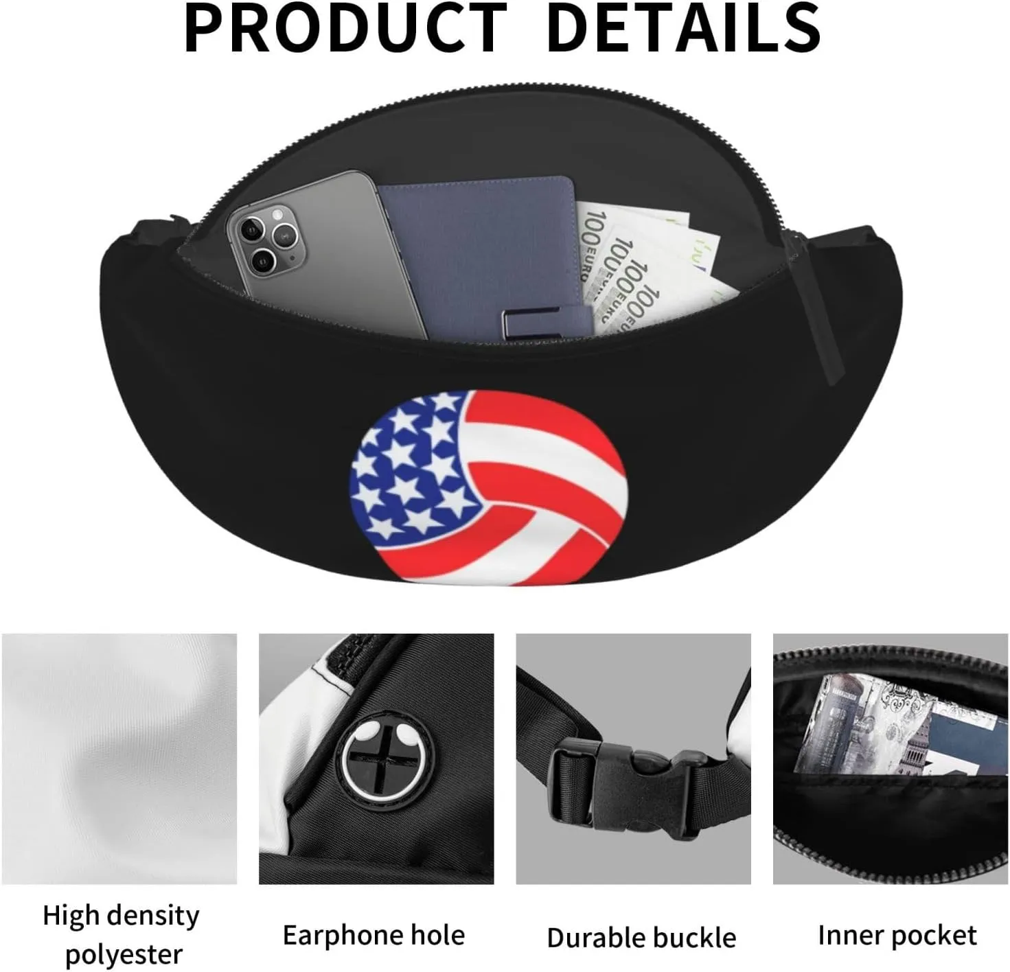 Usa Volleyball Leisure Waist Bag Outdoor Sports Running Waist Bag Business Travel Mobile Phone Bag