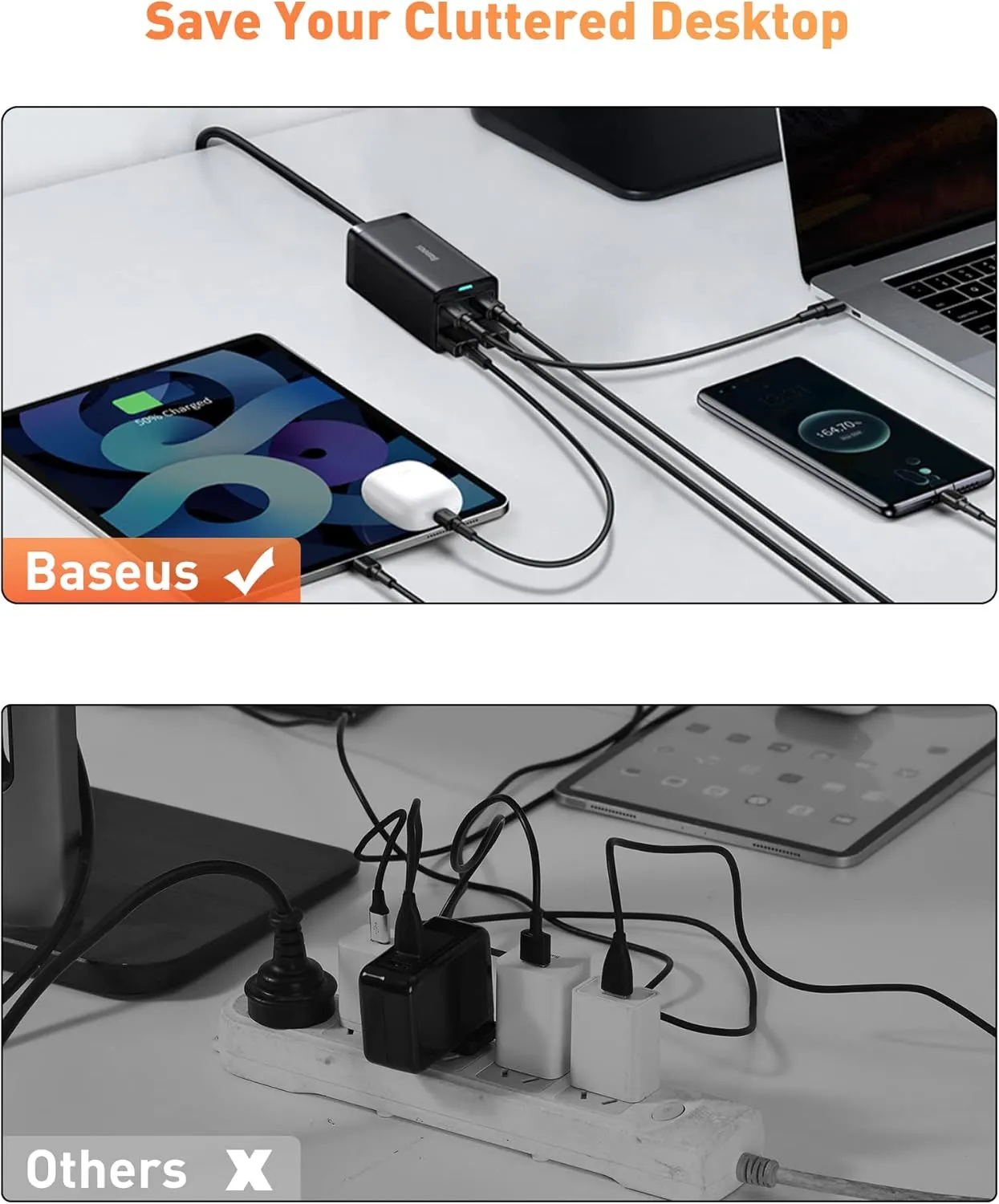 USB C Charger, Baseus 100W PD GaN3 Fast Wall Charger Block, 4-Ports [2USB-C   2USB] Charging Station with 5ft Extension Cord for Steam Deck, MacBook Pro, iPhone 15/14/13, Samsung Galaxy, etc